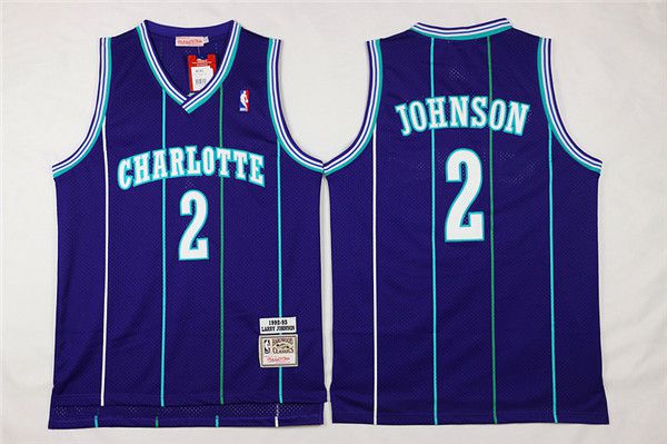 Men Charlotte Hornets #2 Larry Johnson Purple Throwback Stitched NBA Jersey